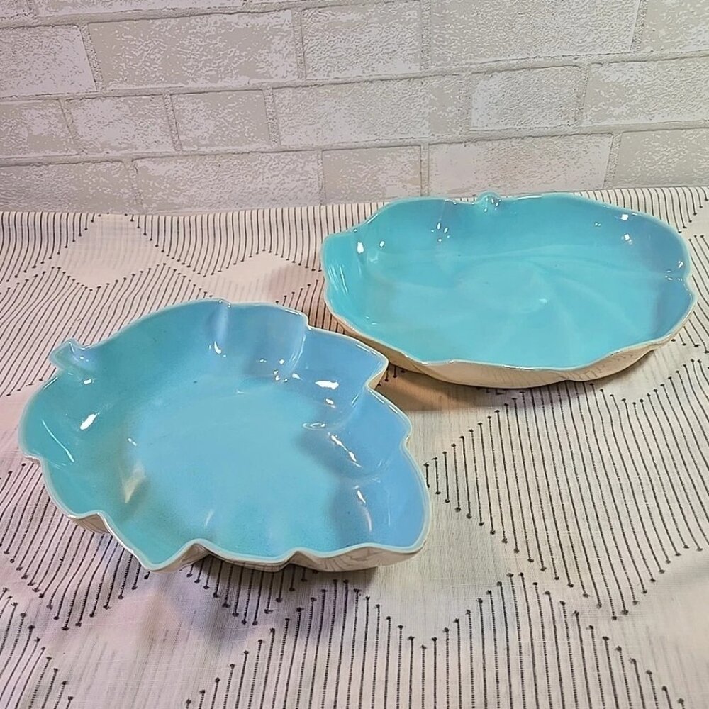 MCM Autumn Leaf and Pumpkin Ceramic Serving Bowls Light Blue California Mission